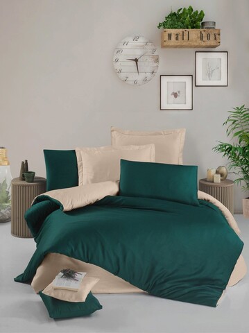 Lenjerie de pat dubla King (FR), Green – Cream, Victoria, Bumbac Satinat mezoni.ro
