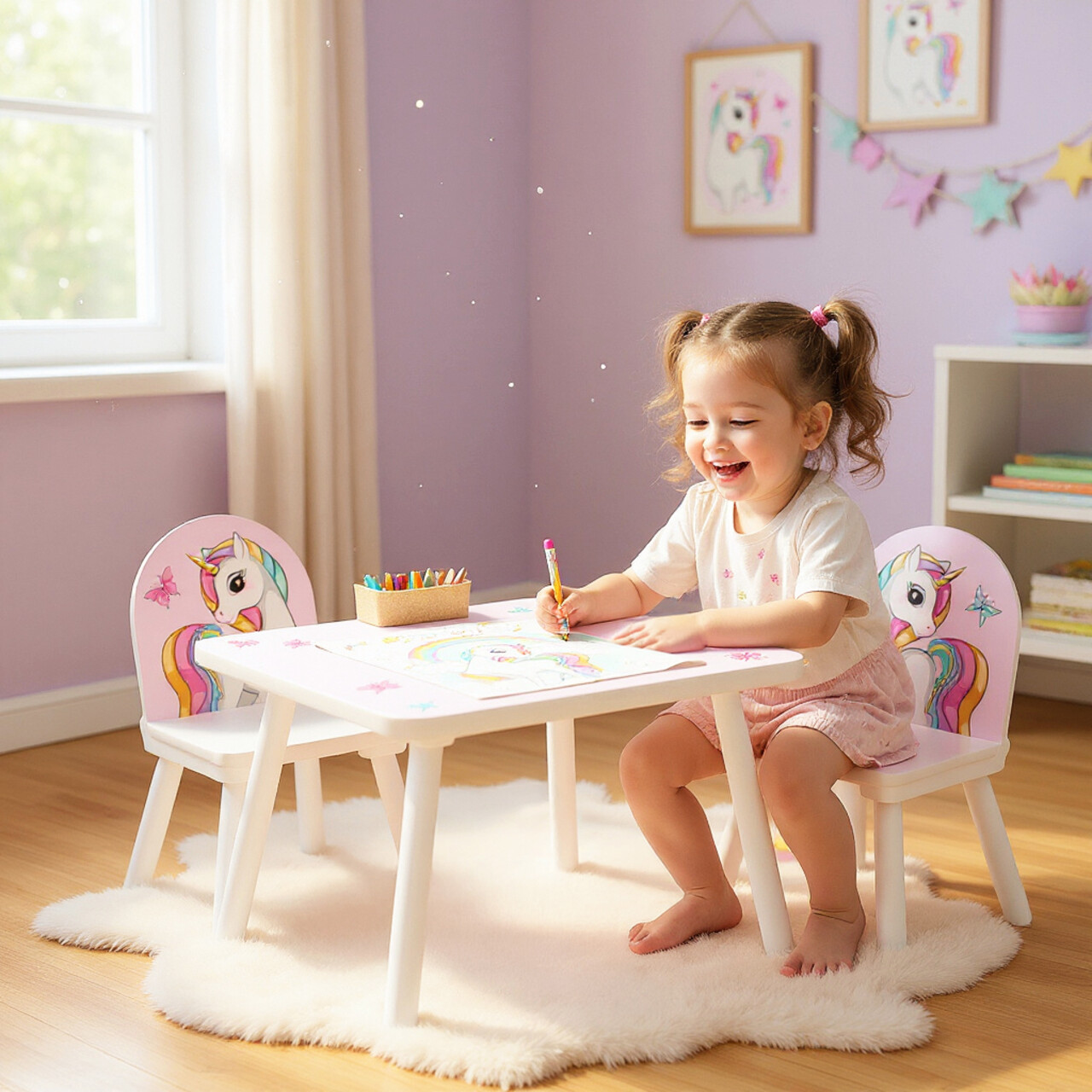 Set birou cu 2 scaune Unicorns, U-Grow, 60x60x44 cm / 26.8x26.8x51 cm, MDF/textil, alb/roz