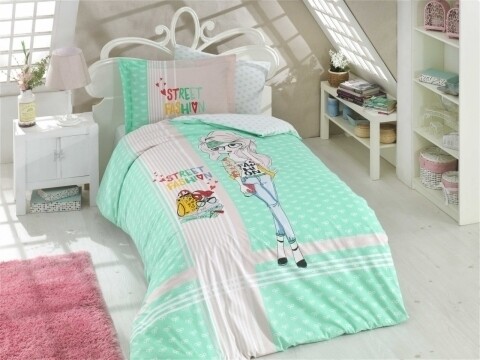 Lenjerie de pat pentru o persoana, 3 piese, 100% bumbac poplin, Hobby, Street Fashion, verde