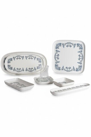 Set de mic dejun, Hermia, 208PEK1105, Portelan, Platou cu măsline: 25 cm (2 bucăți), Alb/Albastru