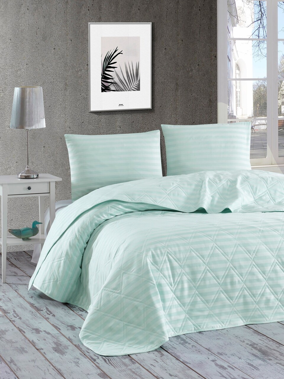 Cuvertura matlasata dubla, Water Yollu Saten - Mint, EnLora Home, 70% bumbac / 30% poliester