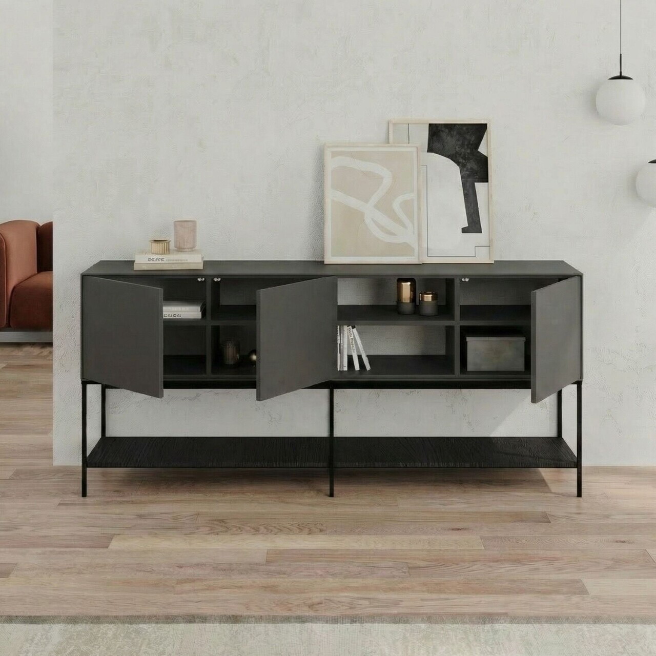 Consola, Hanah Home, Amira, 180x80x40 cm, PAL, Antracit / Negru lemn / Negru — imaginea 3