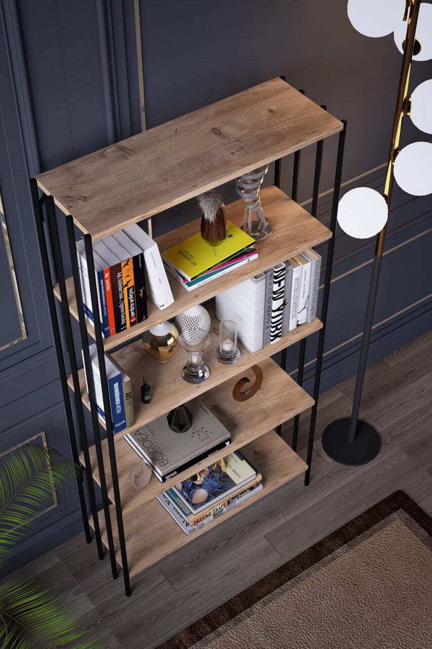 Corp biblioteca, Valovi, Verona, 72x150x26 cm, PAL, Negru / Pin Atlantic - 2 | YEO