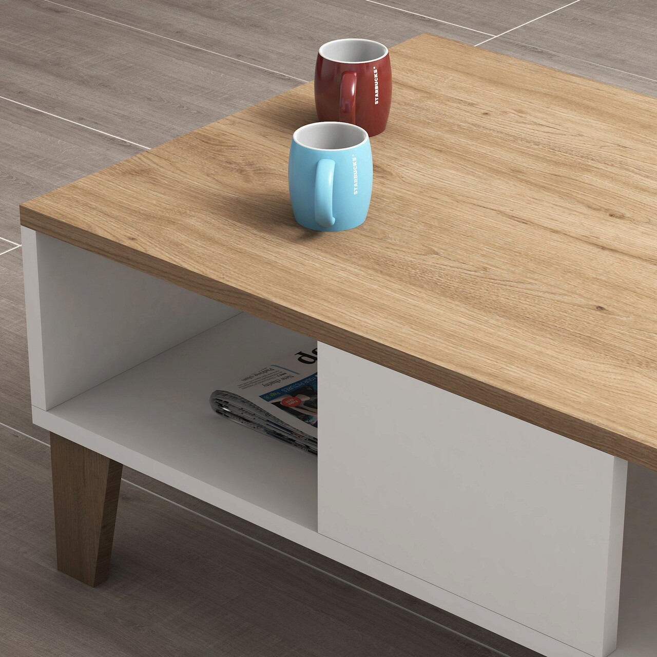 Masuta de cafea, Almaren, SUMER O2040, 90x35.6x54 cm, PAL, Stejar / Alb - 2 | YEO