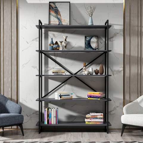 Corp biblioteca, retricy, elston, 120x34x180 cm, pal, negru / antracit