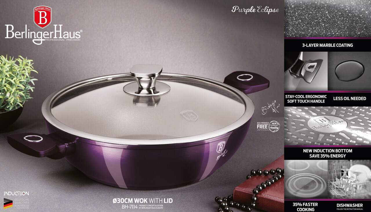 Tigaie Wok cu capac Berlinger Haus, Purple Eclipse, 30 cm, aluminiu forjat, mov - imagine 3