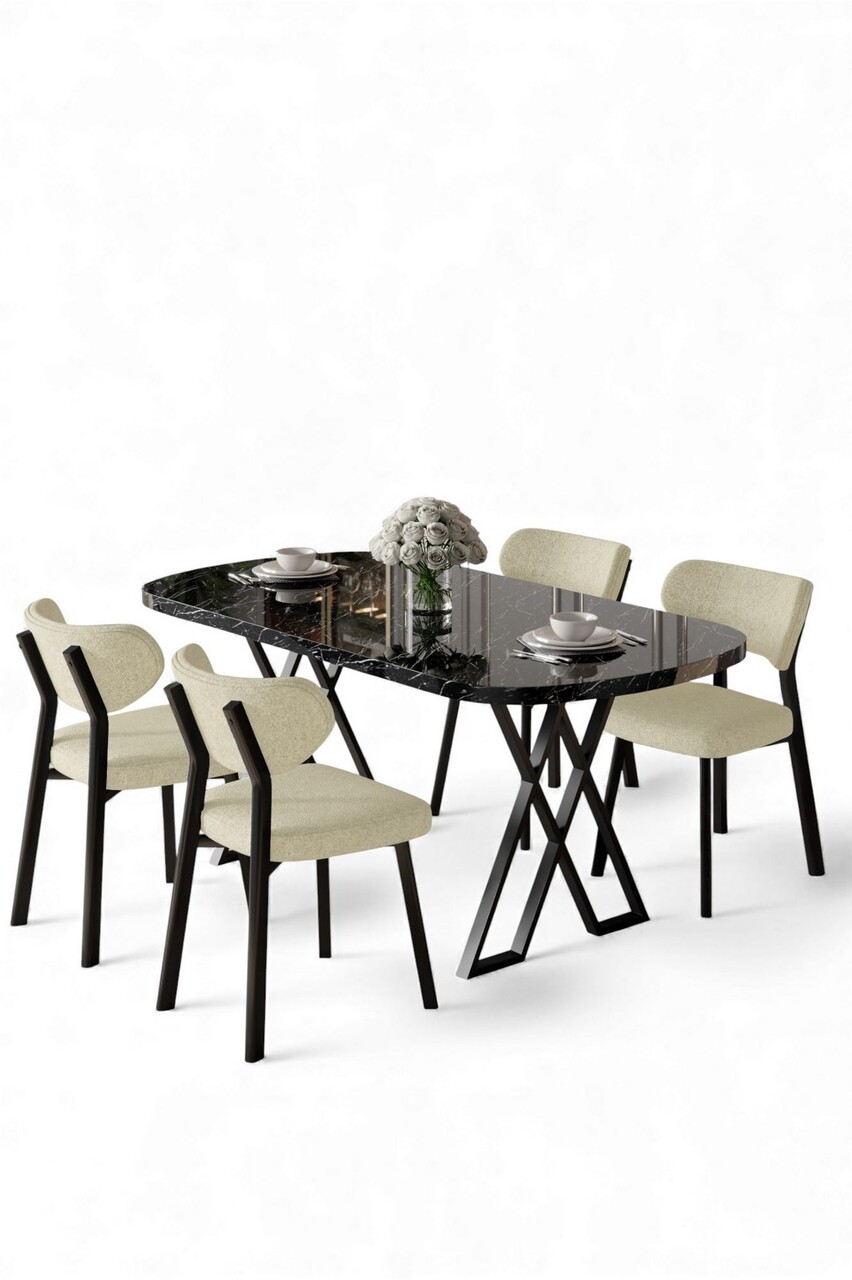 Set masă și scaune (5 bucăți), Hanah Home, Axton, Marmură neagră / Crem - view 2