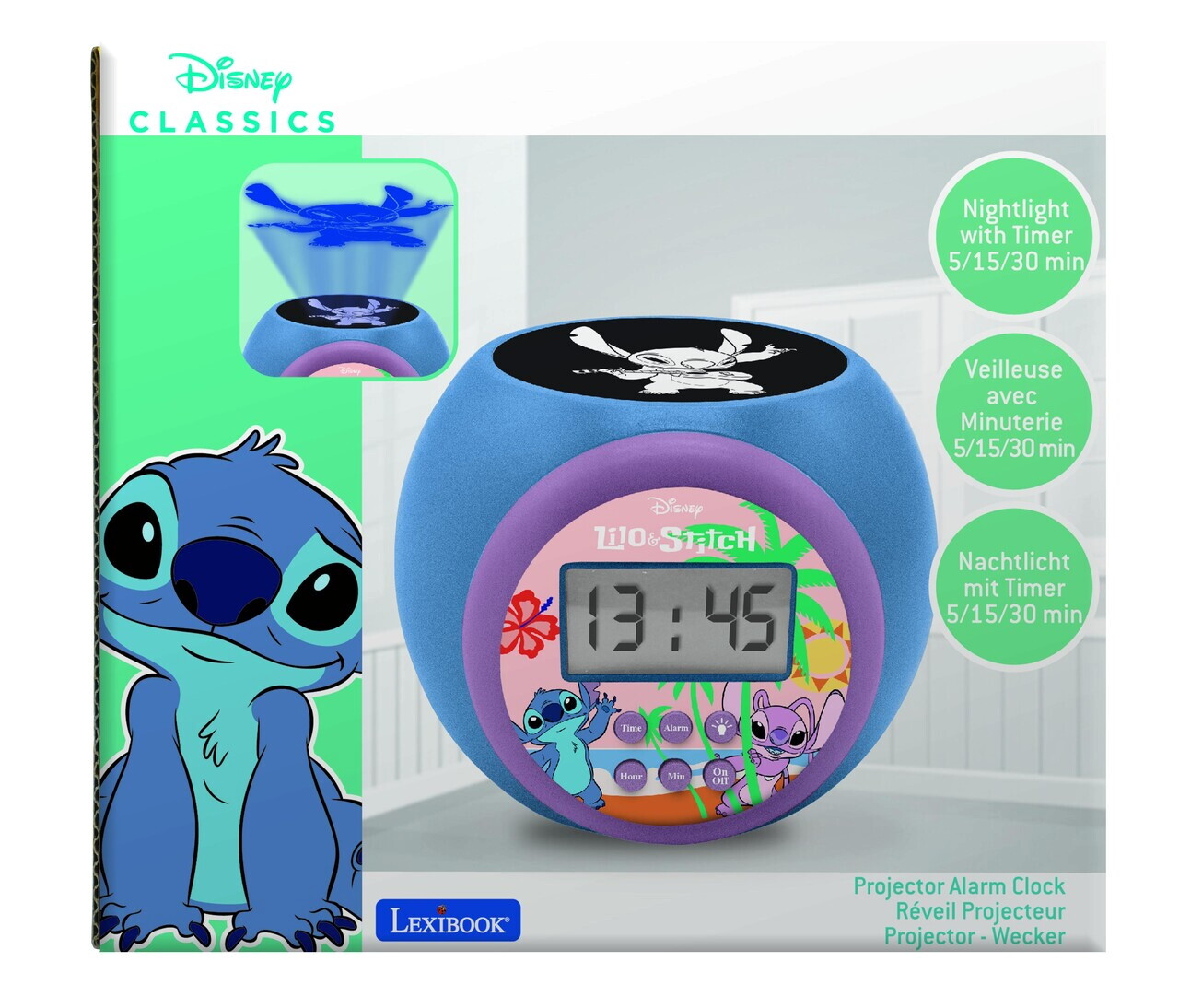 Ceas desteptator cu proiector Stitch, LEXIBOOK, 11.8x11x9.1 cm, albastru - imagine 3
