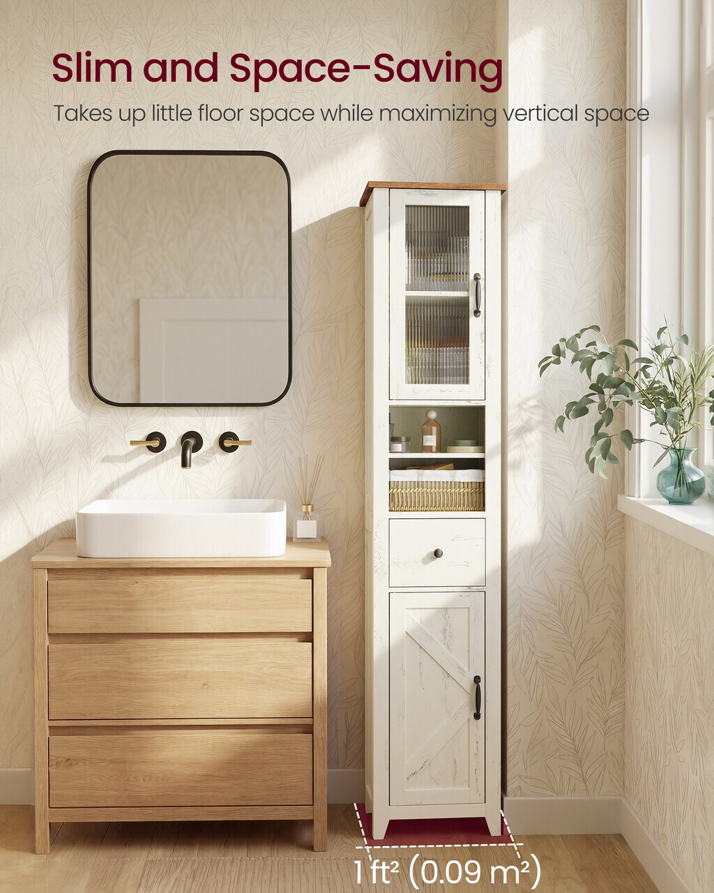 Dulap baie inalt Vasagle Liry, cu sertar si rafturi, 33x31.5x171 cm, MDF/PAL, alb rustic/maro - imagine 3