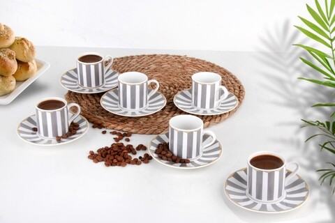 Set 6 cesti cu farfurie GEÇME 001, Helen Porselen, ceramica, gri/alb Helen Porselen
