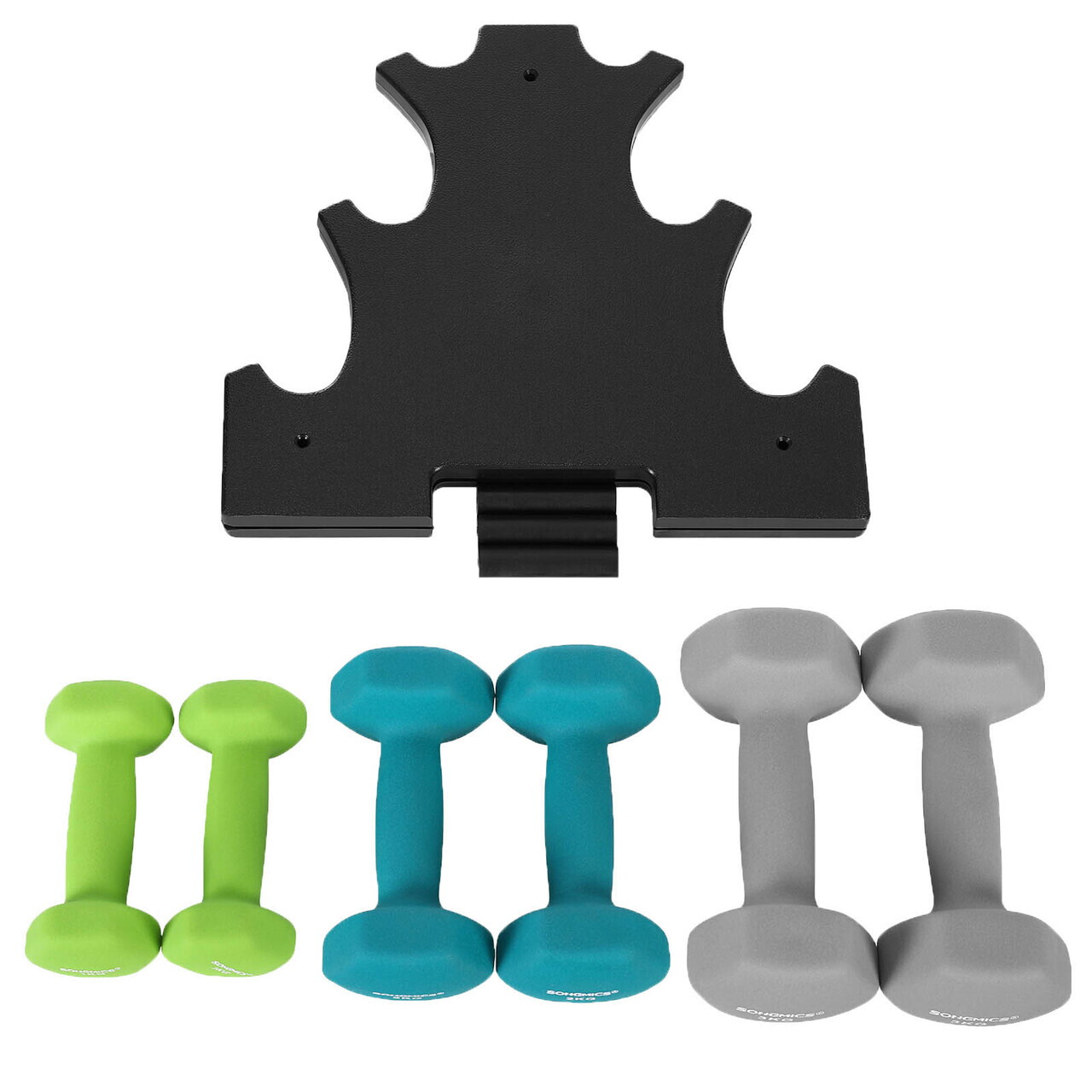Set gantere fitness 6 piese cu suport, 2 x 1 kg + 2 x 2 kg + 2 x 3 kg, Songmics, neopren, verde/teal/gri deschis - imagine 3