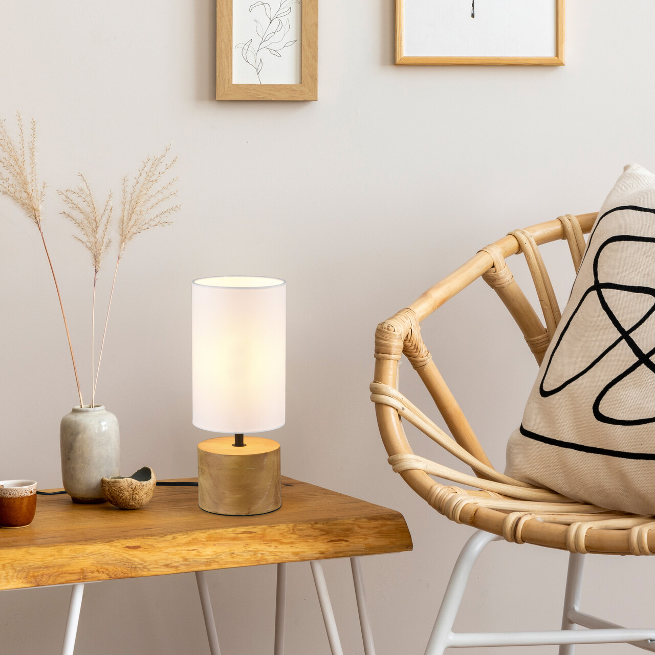 Lampa de masa Woody, RL, 12x30 cm, 40W, 1x E14, lemn/textil, alb/natur