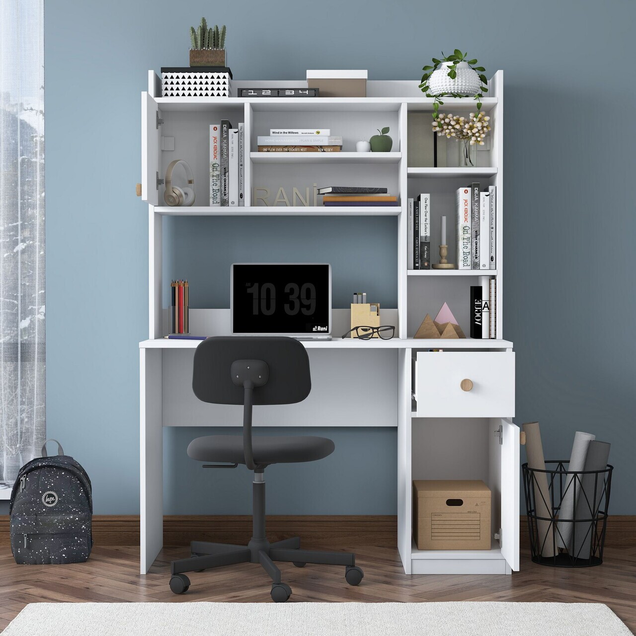 Set birou si biblioteca, Hanah Home, HA128, 120x166x50 cm, PAL melaminat, Alb - view 5