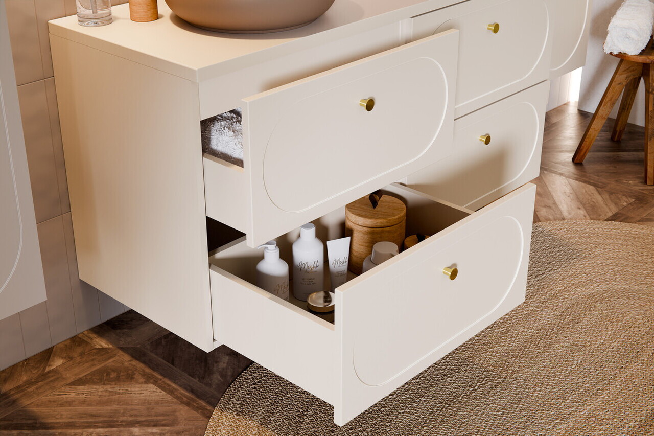 Set mobilier baie Donna Sand 120 cm, dulap inalt si masca dubla lavoar, Comad, MDF/PAL, bej nisip - view 9