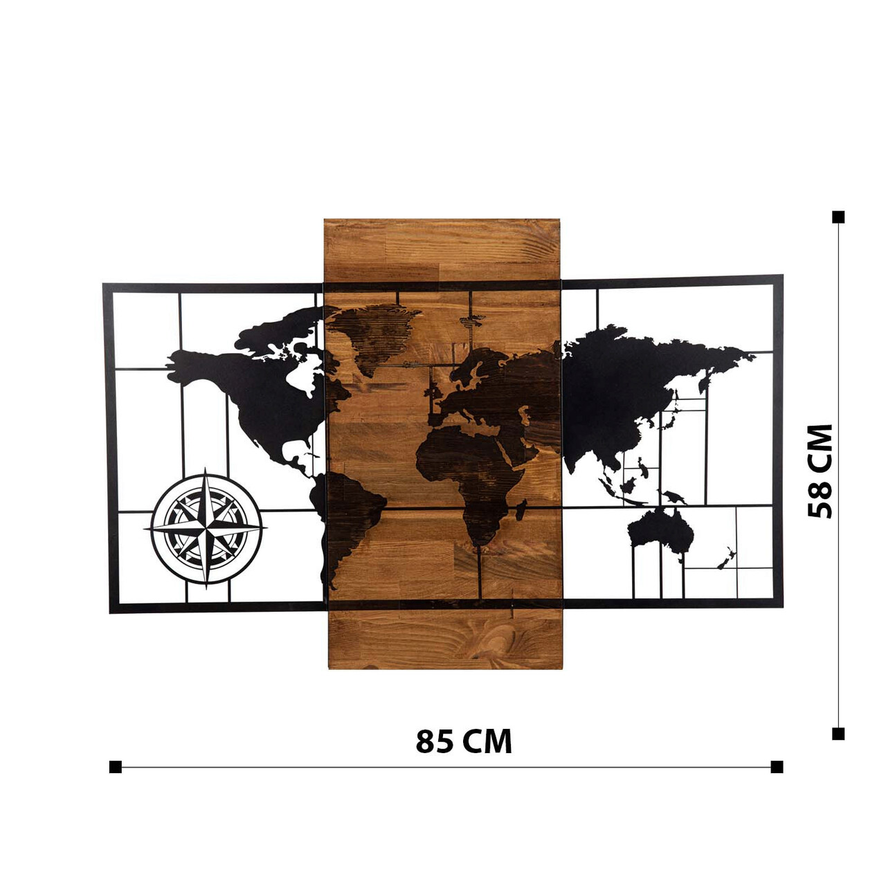 Decoratiune de perete, World Map With Compass, lemn/metal, 85 x 58 cm, negru/maro