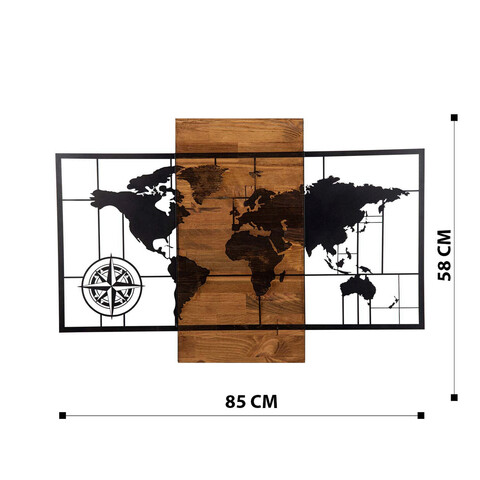 Decoratiune de perete, World Map Wıth Compass, Metal, 100 x 56 cm, Nuc negru