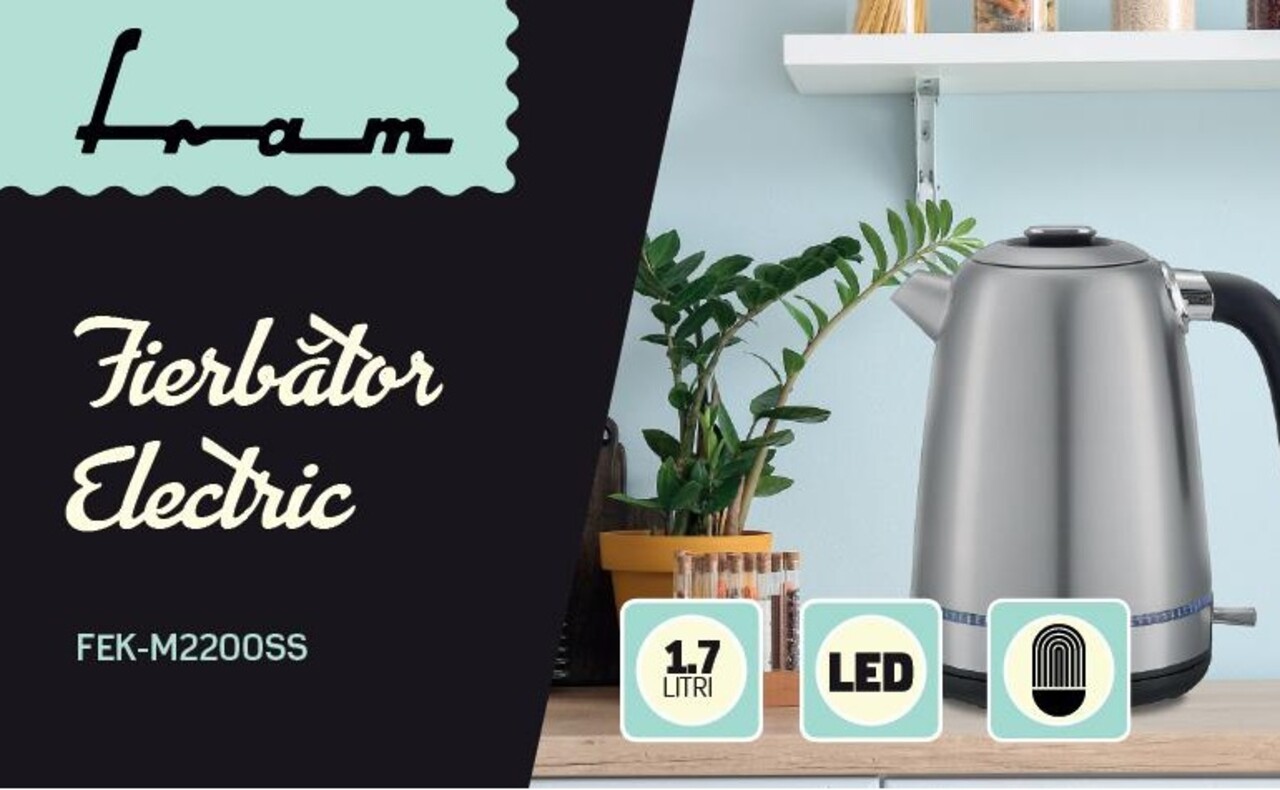 Fierbator electric Fram, 1850-2200W, 1.7L, argintiu
