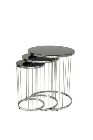 Set masute 3 piese, nmobb , Çubuklu, metal, argintiu / negru