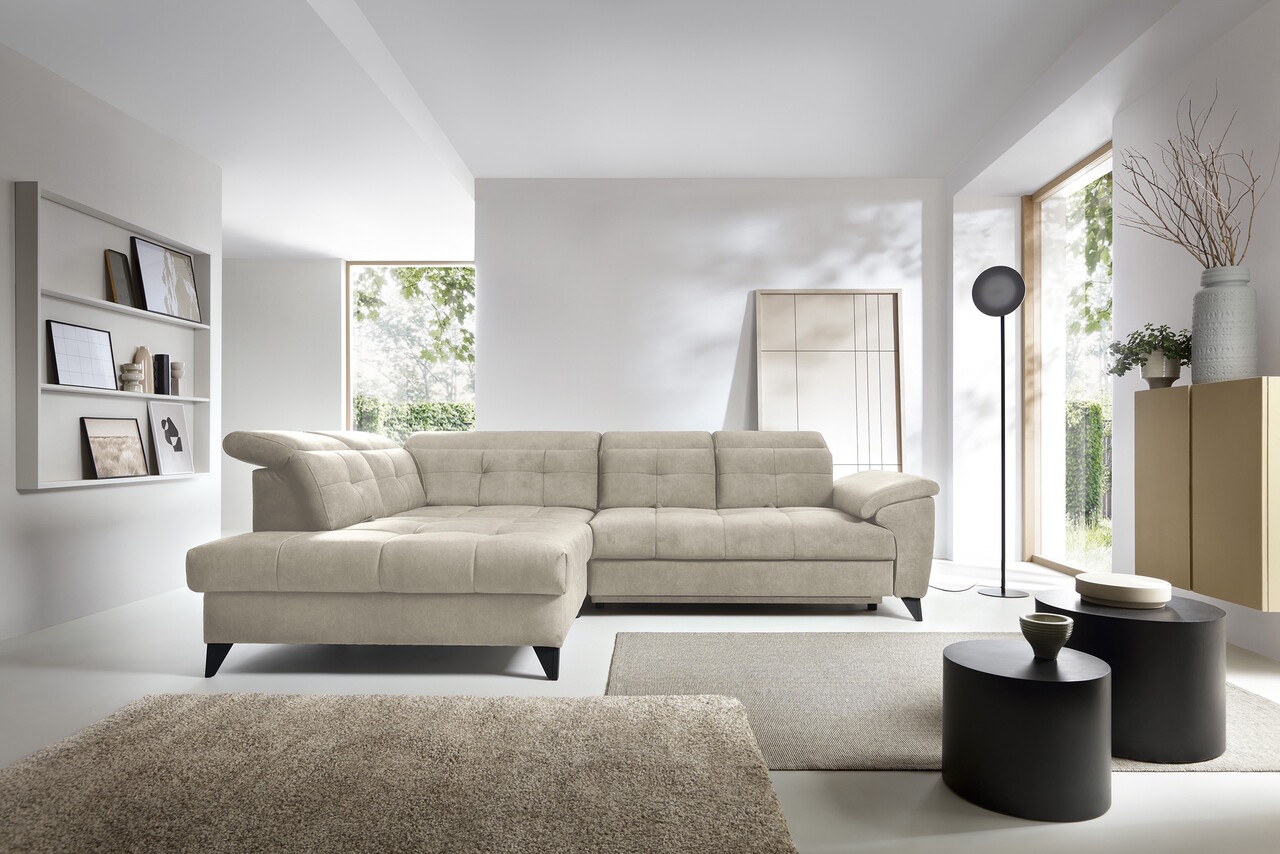 Coltar extensibil stanga 5 locuri ELTAP, LT-18AU, Inferne, 297x210x107 cm, lemn/poliester, bej deschis
