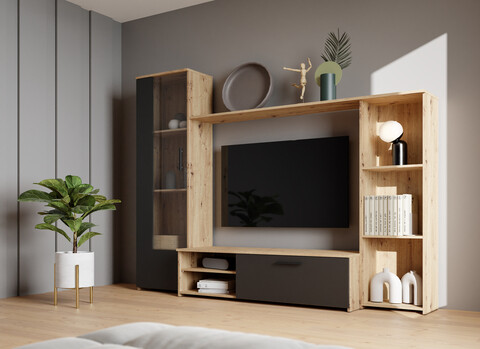 Set mobilier living 4 piese Raalte, Bedora, 220.4x41.3x177.5 cm, PAL/plastic, stejar/negru