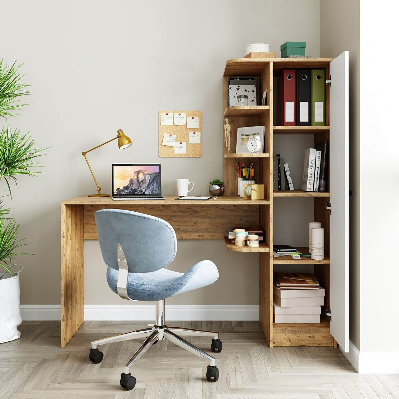 Set birou si biblioteca, Hanah Home, 2073, 143.2x143.2x50 cm, PAL MELAMINAT, Pin Atlantic / Alb — imaginea 2