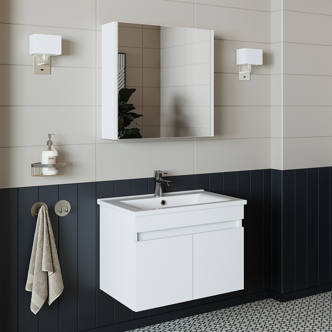 Set Dulap de Baie cu Chiuvetă și Oglindă (2 Piese), Hanah Home, 1324, MDF-LAM, Alb mat