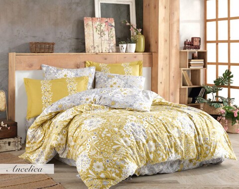 Lenjerie de pat dubla, 4 piese, 200x220 cm, 100% bumbac poplin, hobby, ancelica, galben mustar