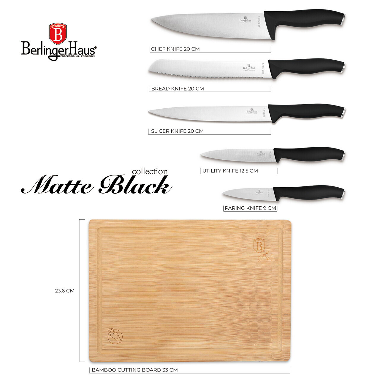 Set 5 cutite cu tocator Berlinger Haus, Matte Black, inox/bambus, negru/natur - imagine 13