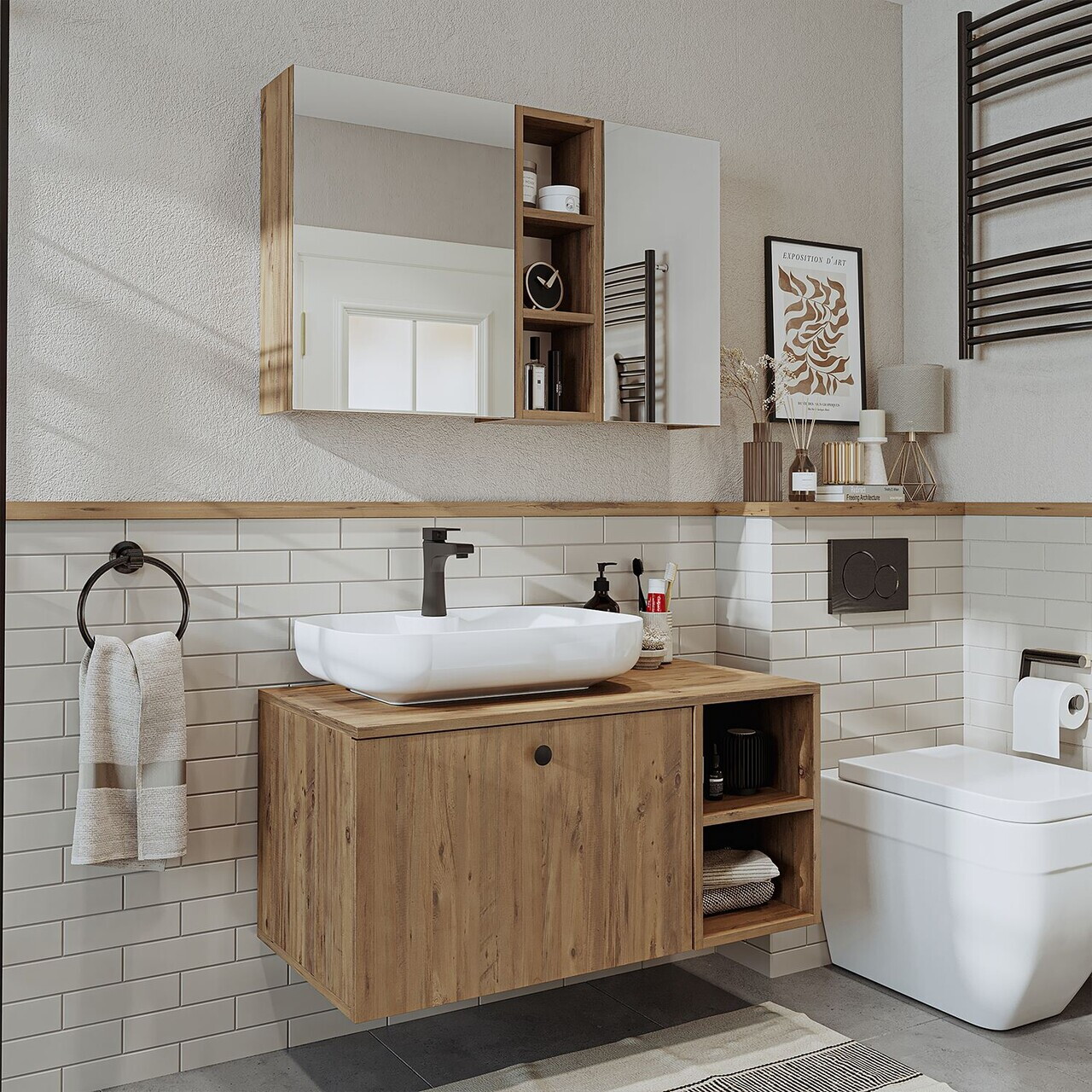 Set Dulap de Baie cu Chiuvetă și Oglindă (2 Piese), Hanah Home, 2522, MDF, Maro — imaginea 2