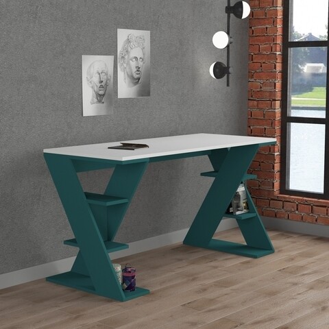 Birou Papillon, Decortie, 140x60x75 cm, alb/turcoaz