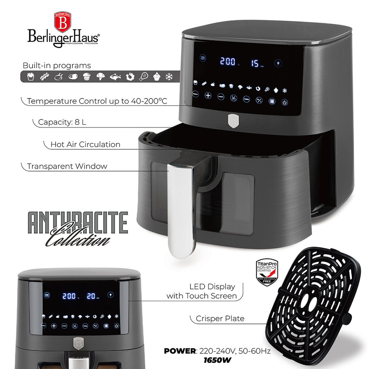 Friteuza cu aer cald si fereastra Berlinger Haus, Anthracite, 38.8x30x32.4 cm, 8 L, 1650W, antracit mat - imagine 9