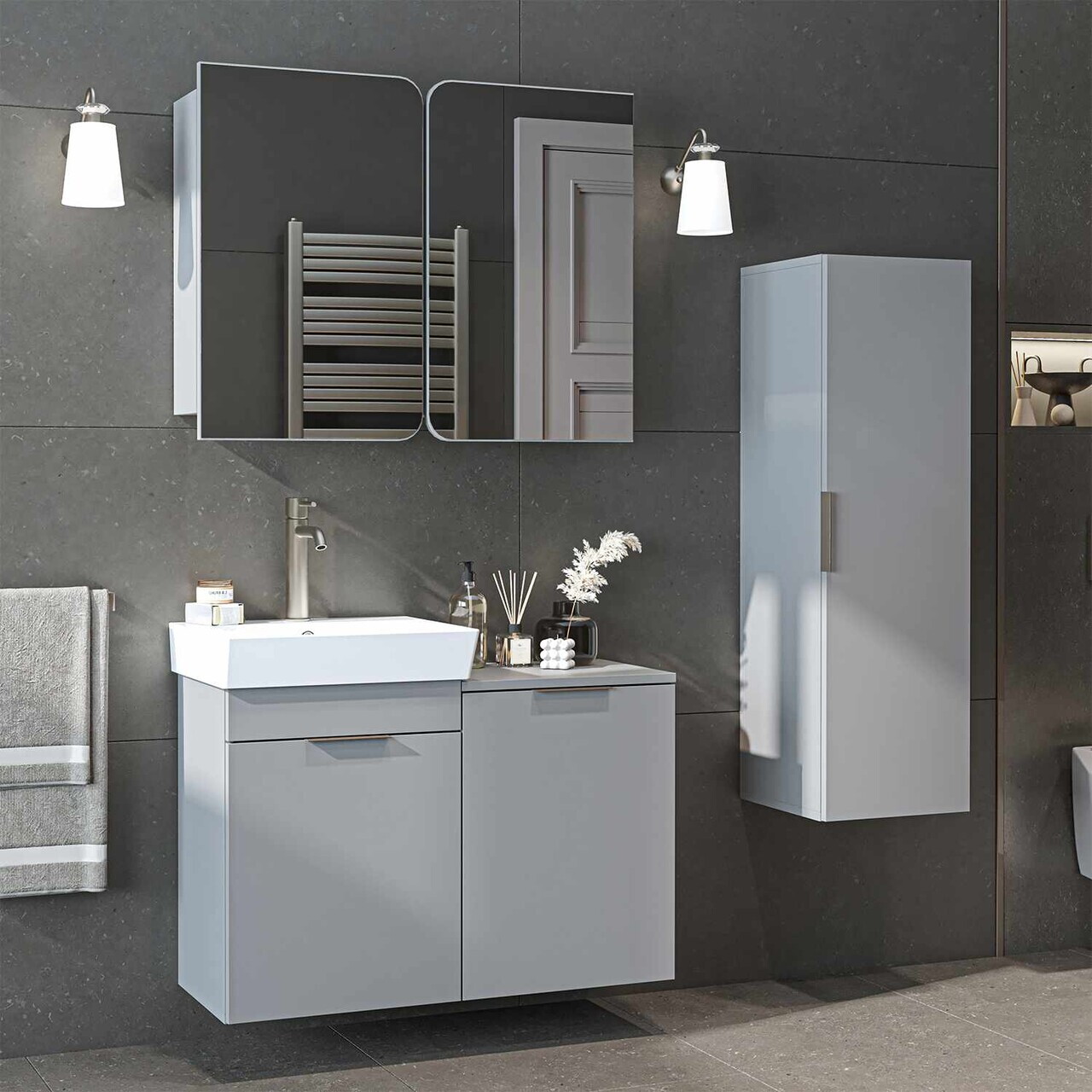 Set Dulap de Baie cu Chiuvetă și Oglindă (3 Piese), Hanah Home, Dubai, PAL, Gri deschis