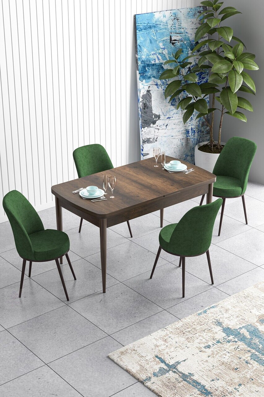 Set masa extensibila si scaune (5 piese), Hanah Home, Han, Model baroc din lemn / Verde kaki