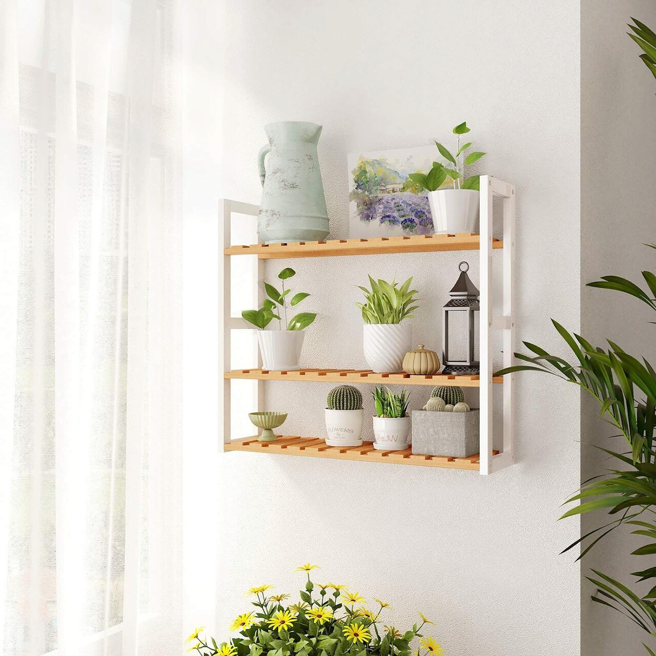 Raft de depozitare multifunctional Songmics, 60x15x55 cm, bambus, alb/natural