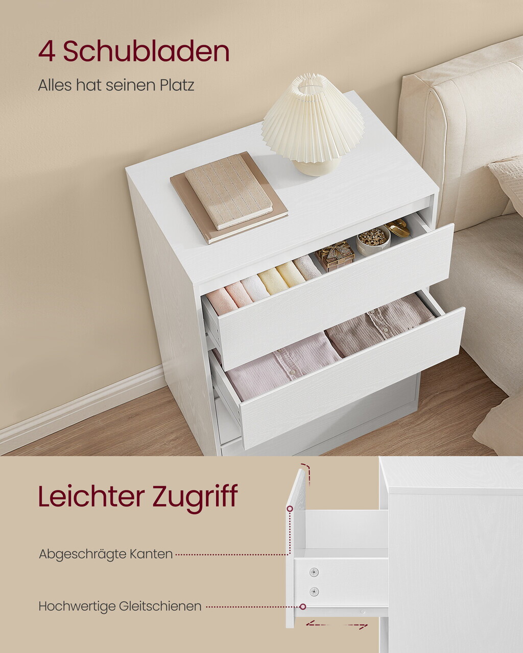 Comoda cu 4 sertare Kailyn, Songmics, 60x40x97.4 cm, PAL/MDF, alb - imagine 5