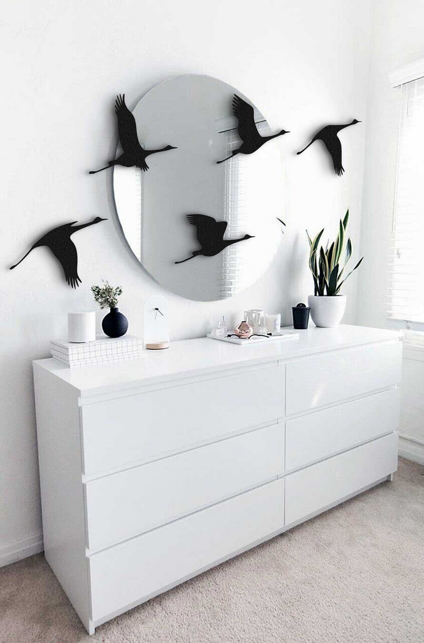 Set de accesorii decorative de perete din metal, DK-FLY-BR104, Diametru oglindă: 50 cm, Negru