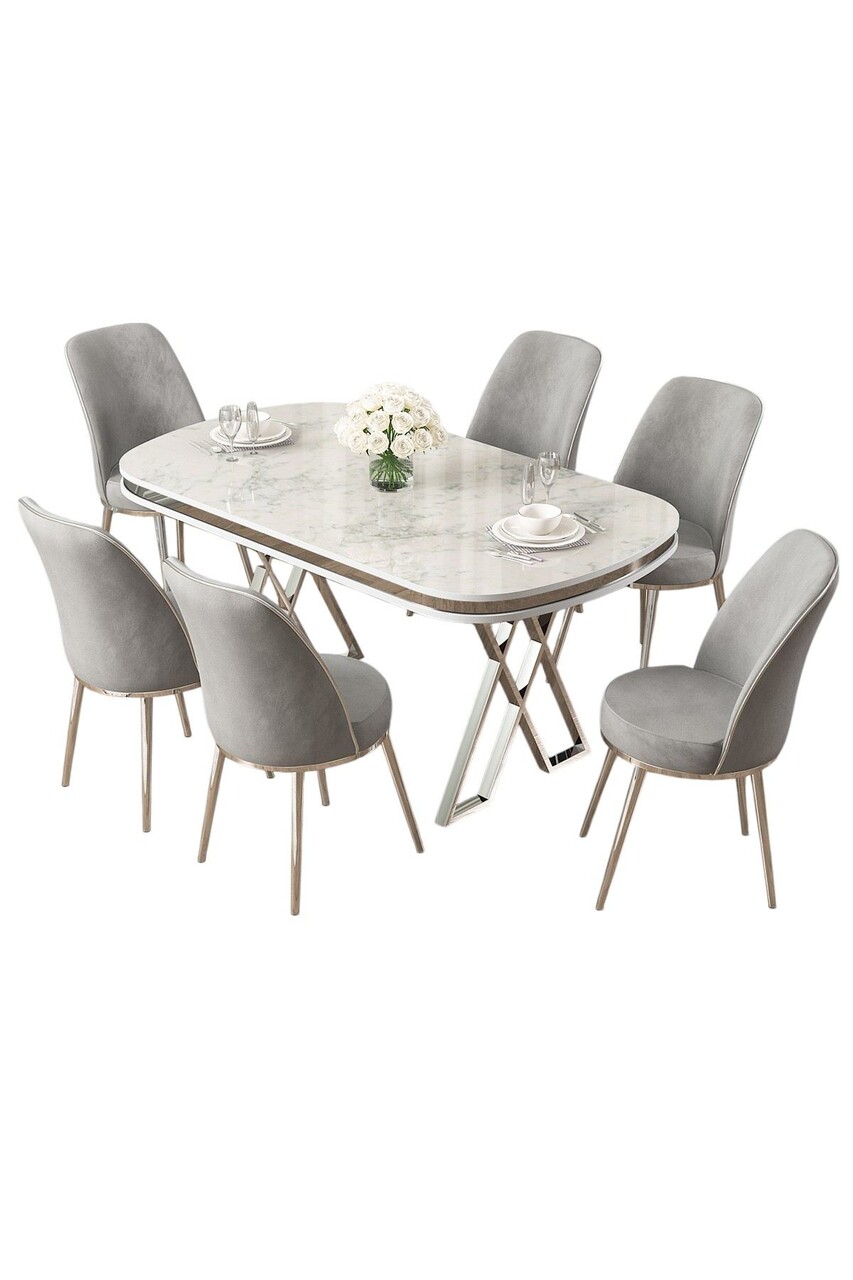 Set masă și scaune (7 piese), Hanah Home, Lai, Alb / Crom / Gri - imagine 2