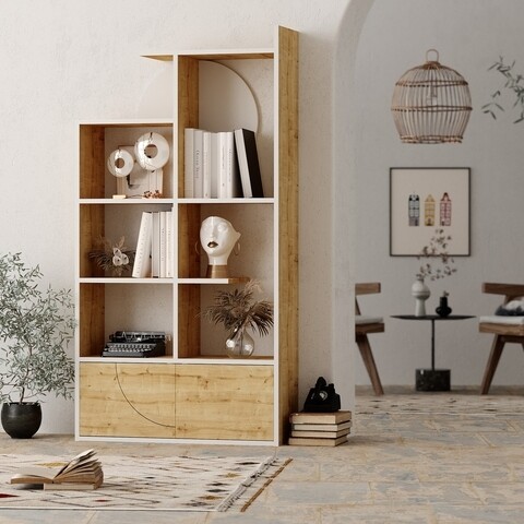 Biblioteca Half, Decortie, 85x30x164 Cm, PAL Melaminat, Alb/oak