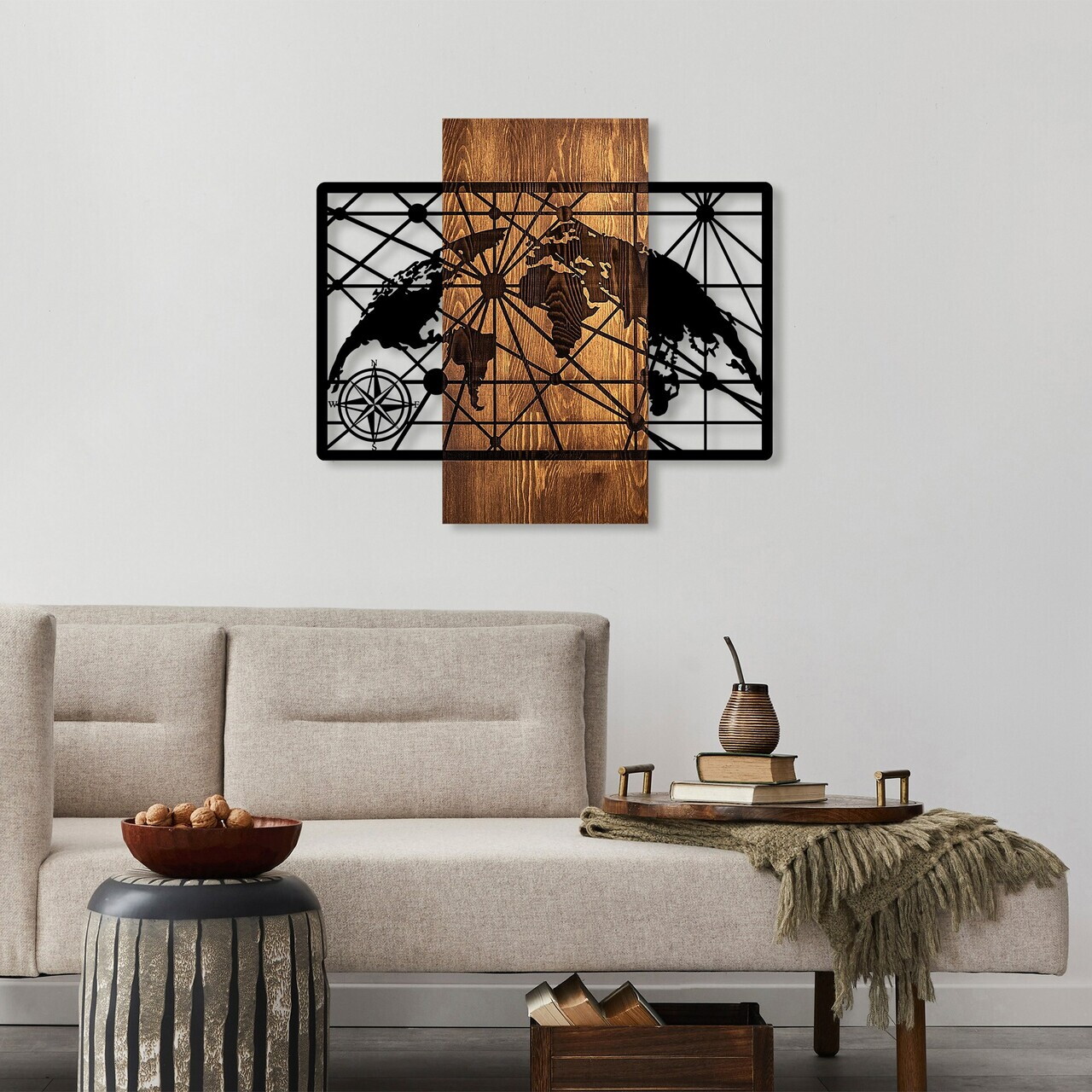 Decoratiune de perete, World Map 5-M, Dimensiuni: 57 x 64 cm, Nuc / Negru — imaginea 3