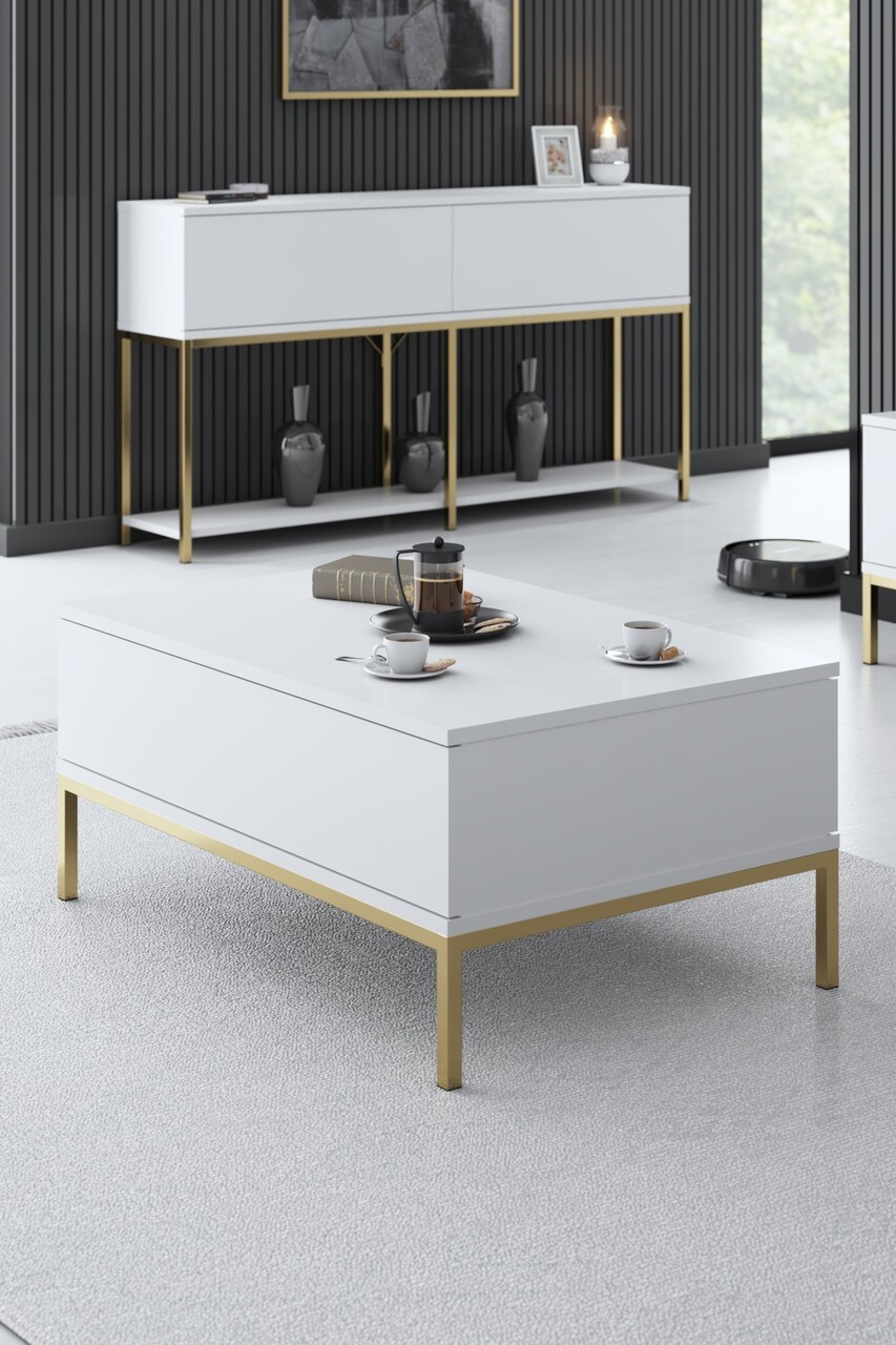 Masuta de cafea, Bexley, Lord, 90x40x60 cm, PAL, Alb/Auriu