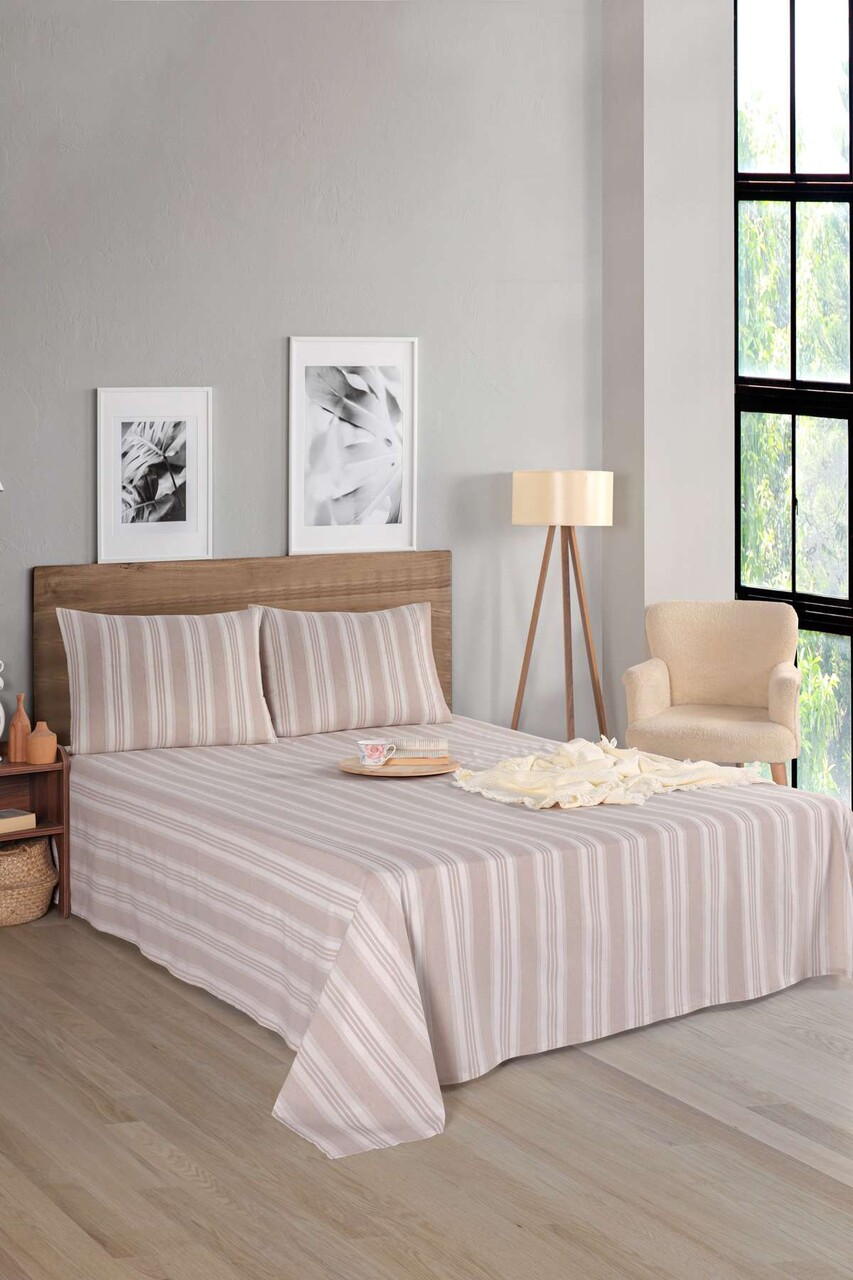 Set de pat dublu (cearceaf cu elastic si perne) 3 piese, L'essentiel Maison, Soft Line, Bej - imagine 3