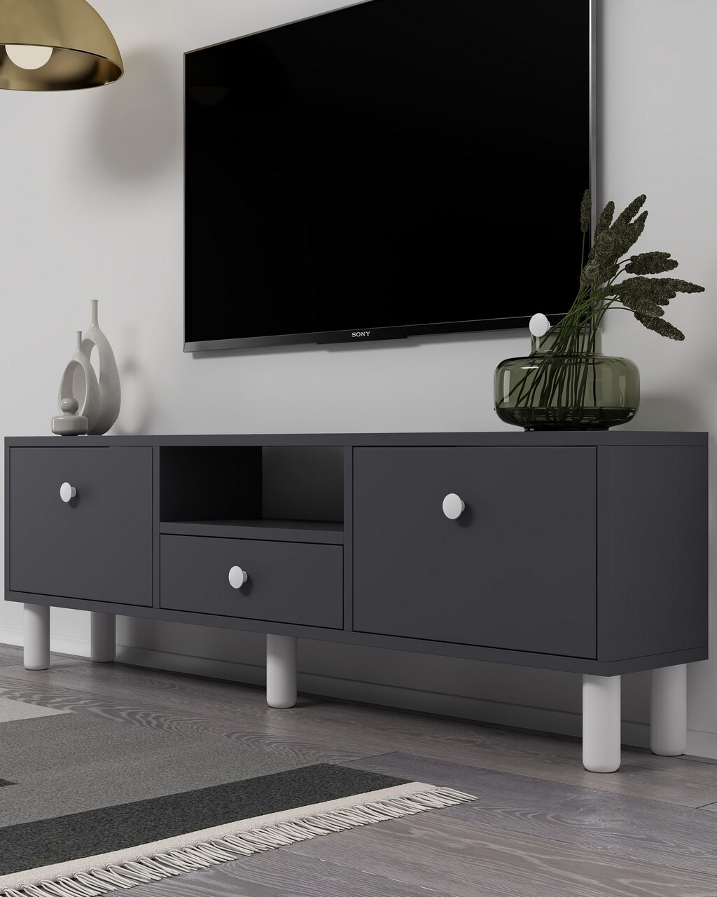 Comoda TV, Hanah Home, 1310-DROP-1, 140x45x30 cm, PAL , Antracit/Alb - view 2