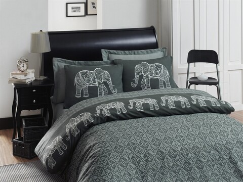 Lenjerie de pat dubla King Quilt(EU) Elepante, Eponj Home, 3 piese, 240x220 cm, amestec bumbac, antracit