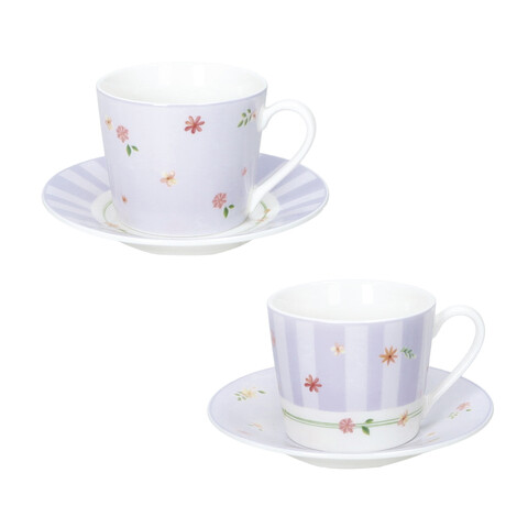 Set 2 cesti cu farfurie pentru cafea, Polline Lilac, Brandani, D11x7 cm, 50 ml, portelan New Bone China