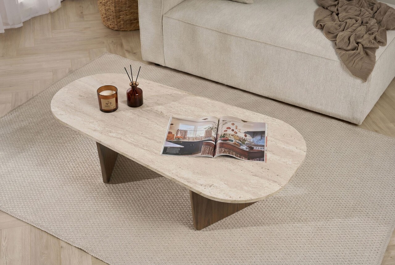 Masuta de cafea, Hanah Home, Ovalis, 130x40x65 cm, Travertin / Nuc - view 3