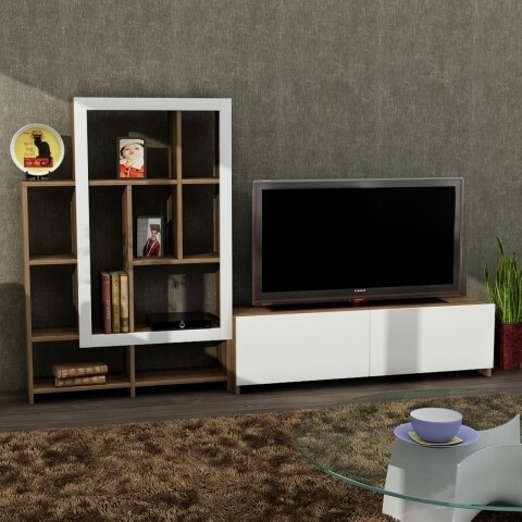 Comoda TV cu biblioteca, Wooden Art, Parea White Walnut, 205.4x125.3x31.5 cm