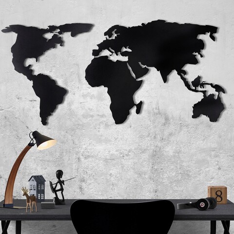 Decoratiune de perete, world map silhouette, metal, dimensiune: 60 x 120 cm, negru