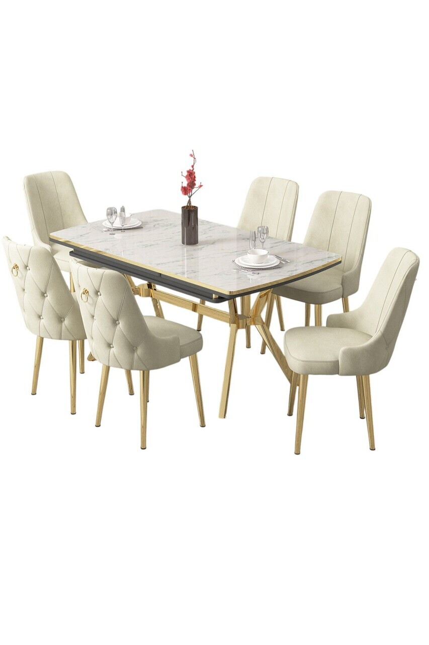 Set masa extensibila si scaune (7 piese), Hanah Home, Nis, Model de marmură albă / Auriu / Crem — imaginea 2