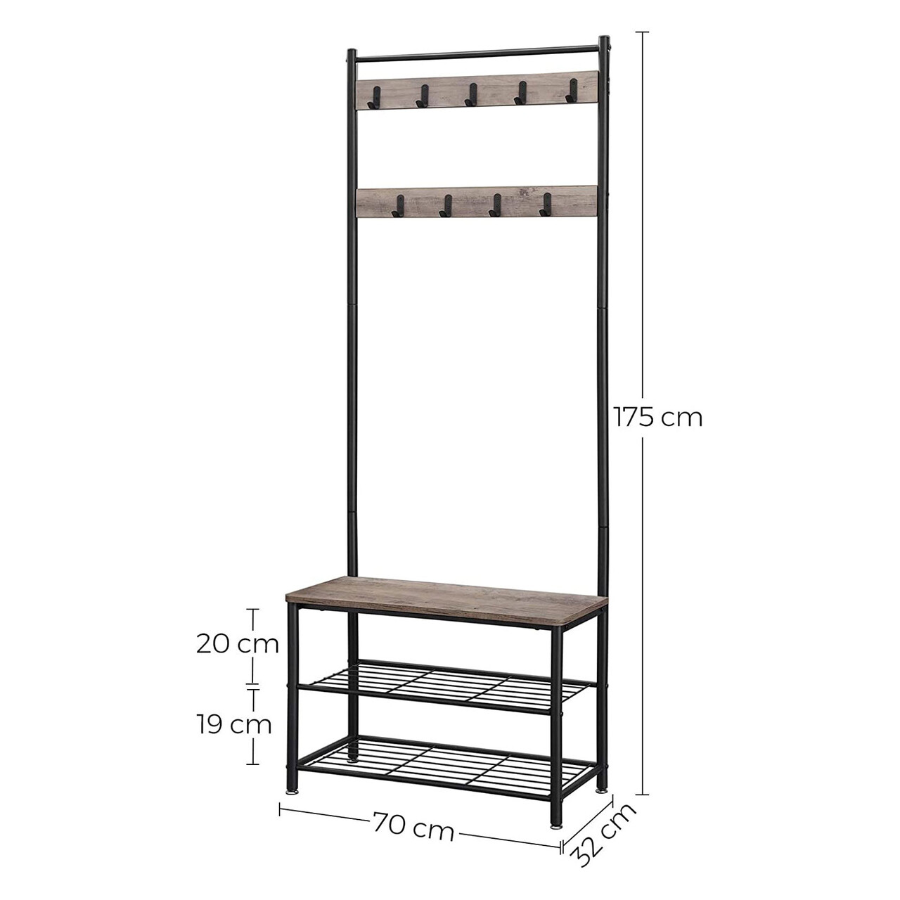 Cuier cu pantofar si bancheta, Vasagle, 70x32x175 cm, PAL/otel, grej/negru - 2 | YEO