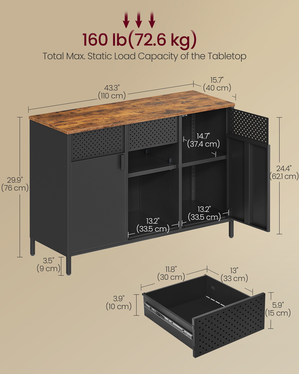 Dulap metalic multifunctional cu 2 usi, Songmics, rafturi reglabile, 110x40x76 cm, otel, maro/negru - imagine 3
